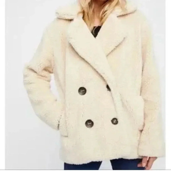 FREE PEOPLE | Teddy Double Breasted Pea Coat Sherpa  Ivory Oversized | Medium - Picture 2 of 10